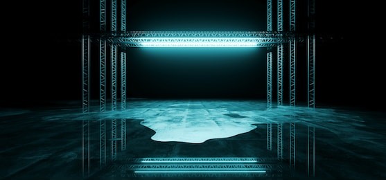 sci-fi futuristic modern dark stage structure on concrete wet floor with ice blue glowing neon tube lights empty space wallpaper background 3d rendering illustration