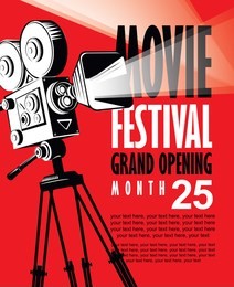 vector movie festival poster with retro movie camera. cinema banner with words grand opening and place for text on red background. can be used for poster, flyer, billboard, web page, background