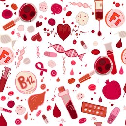 creative anemia seamless pattern in doodle style. hand drawn vector illustration in red and pink colors isolated on white background. medical, healthcare and educational concept.