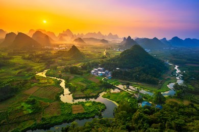 landscape of guilin, china. li river and karst mountains called cuiping or five finger mount located at guangxi province, china. 