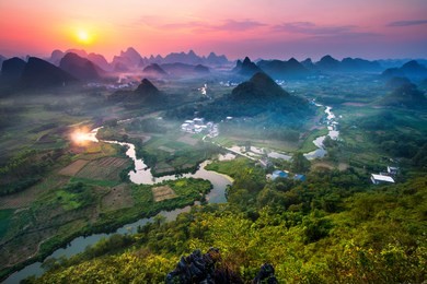 panorama landscape of guilin, china. li river and karst mountains called cuiping or five finger mount located at guangxi province, china. 