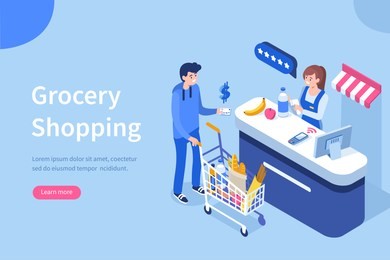 retail woman cashier with barcode scanner and customer with purchases.can use for web banner, infographics, hero images. flat isometric vector illustration isolated on white background.