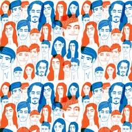 pattern - people of the world- blue and orange. 