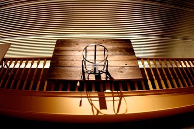 old basketball hoop hanging in the basketball hall of fame in springfield 