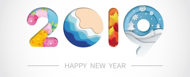 2019 happy new year paper art with spring, summer, autumn and winter. vector illustration.