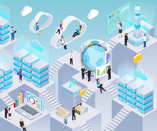 big data analytics systems technology software isometric glowing symbols composition with exchange analysis cloud storage vector illustration 