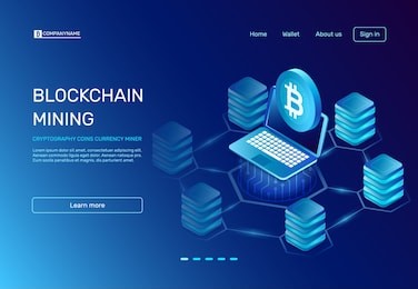 blockchain mining. cryptography coins currency miner payment on ethereal mine laptop connected to blockchain bitcoin farms network. e crypto world business banking commerce vector illustration
