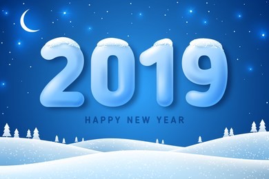 winter landscape with fir trees in snow and 3d numbers 2019 for happy new year and merry christmas design. vector illustration. night in forest with stars and crescent
