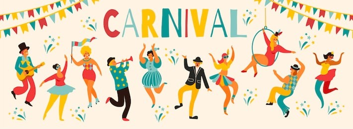 hello carnival vector illustration of funny dancing men and women in bright costumes. design element for carnival concept and other users
