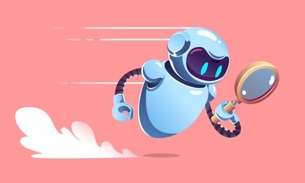 search metal bot with magnifier is is fast flying. seo robot vector illustration.