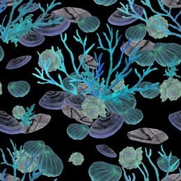 watercolor seamless pattern with corals and seashells.