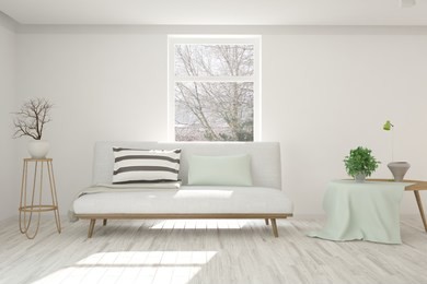 white room with sofa and winter landscape in window. scandinavian interior design. 3d illustration