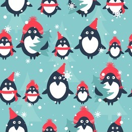 seamless pattern with penguins, fir trees, snow