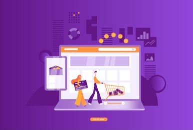 online shopping. illustration of the process of buying in an online store using an electronic wallet, a bank card. infographics of profit and growth of e-commerce business. vector