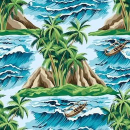 hawaiian vintage island, palm tree, boat and sea waves summer floral seamless pattern.exotic jungle wallpaper.