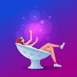 pretty beautiful girl wearing virtual reality (vr) goggles device lying down in modern semi round chair and using hands touching simulation screen.