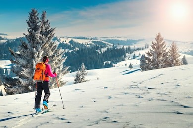 ski touring in high alpine landscape with snowy trees. adventure, winter activities, skitouring in spectacular mountains, transylvania,carpathians,  romania, europe