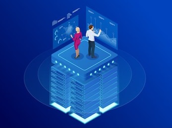 isometric web banner data analytics platform and statistics. illustration hosting server or data center room. technology, internet and network concept. data and investments