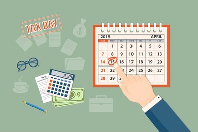 flat modern design concept of tax day, taxes counting time with human finger showing at the date 15 april 2019. mockup of the april 2019 year page of the spiral desk calendar. eps 10