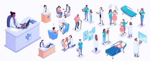 isometric illustration of medical workers and patients. hospitals, doctors, patients, reception. healthcare and technology concept