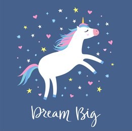 magic cute white unicorn flying in the sky with stars and hearts on blue background. cartoon style beautiful unicorn for kids stuff, posters, cards etc. dream big hand drawn text. vector illustration
