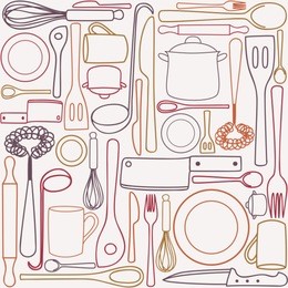 kitchen and cooking utensils and cutlery - seamless pattern. kitchen tool and utensil. ; cooking vector drawing. kitchen accessory set pattern.