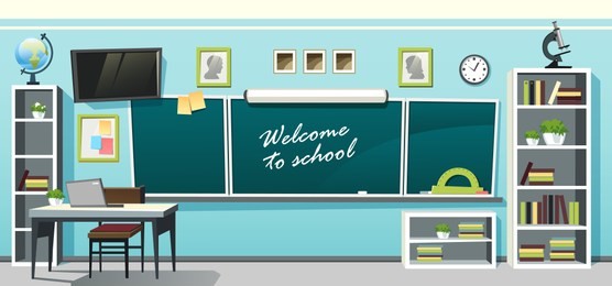 vector illustration of an empty school classroom interior with a chalkboard on the blue wall and desks on checkered floor