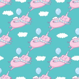 seamless pattern background. cute pig as pegasus and unicorn with clouds. vector illustration