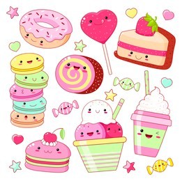 set of cute sweet icons in kawaii style with smiling face and pink cheeks for sweet design. sticker with inscription so cute. ice cream, candy, donut, cap with soda, cupcake, macarons. eps8  