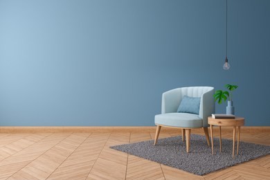 blueprint home decor concept, blue armchair with wood table on blue paint color wall and hardwood flooring at the home,interior design ,3d render