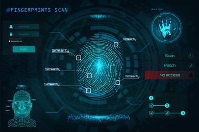 fingerprint scanning identification system in hud style, biometric interface, recognition biometric technology and artificial intelligence concept. scanning: fingerprints, voice, palm and face. hud ui