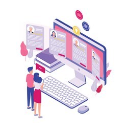 pair of tiny people standing in front of giant computer screen and looking through job applications isolated on white background. concept of personnel recruitment. isometric vector illustration.