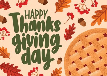 greeting card or horizontal banner template with happy thanksgiving message handwritten with elegant calligraphic script, fallen leaves, berries, acorns, traditional holiday pie. vector illustration.