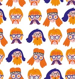 funny cute hippies portraits. vector  festival print. seamless pattern design with hand drawn stylish faces.
