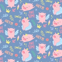 vector seamless pattern with funny pigs. elements for new year's design. symbol of 2019 on the chinese calendar. pig background isolated on white. cartoon animals for wrapping paper, cards, bedding.