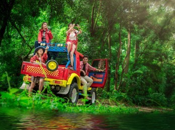 group of asian friends traveling for camping and hiking in the forest by road trip on weekend summer - lifestyle and recreation concept