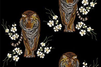 beautiful seamless vector floral summer pattern background with tiger, tropical japanese flowers,  sakura cherry flowers. perfect for wallpapers, web page backgrounds, surface textures