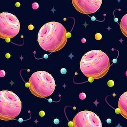 seamless pattern wit yummy cartoon donut planets. vector space texture.
