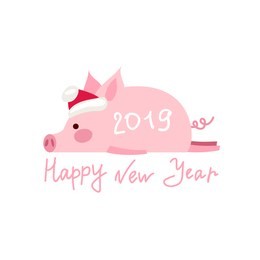 vector illustration, happy new year 2019 funny card design with cartoon pig