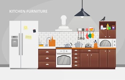 furniture design banner concept. kitchen modern design business template. kitchen interior with furniture. illustration slide for furniture website.