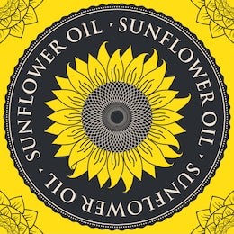 square vector banner for sunflower oil with sunflower inscribed in a round frame on a black and yellow background with contour drawings