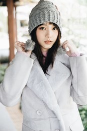 portrait japanese fasion style wool coat fashion dress in japanese garden