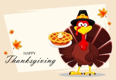 happy thanksgiving, greeting card, poster or flyer for holiday. thanksgiving turkey holding delicious pie. raster illustration on abstract light background