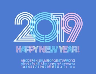 vector colorful greeting card 2019 happy new year. modern alphabet letters, numbers and symbols