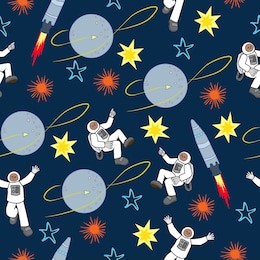 outer space planets stars moon astronauts blue yellow orange gray seamless pattern vector