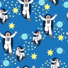 outer space astronauts stars planets blue yellow seamless vector pattern