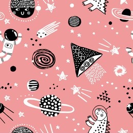 baby seamless pattern with planets, stars and spaceship. hand drawn overlapping background for your design. vector childish pattern for fabric, textile, nursery wallpaper.