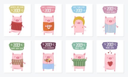 creative postcard collection. new 2019 year with cute pigs. symbol of the year in the chinese calendar. vector illustration cartoon isolated. year of yellow pig.
