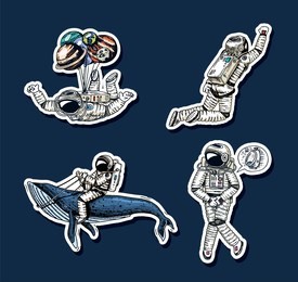 set of astronauts in space stickers. collection soaring spaceman whale and balloons. dancer musician adventure in the galaxy. homeless traveler engraved hand drawn comic sketch.