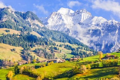 landscape country and mountain view on the train (matterhorn gotthard bahn) at autumn season from bern to zermatt, switzerland 